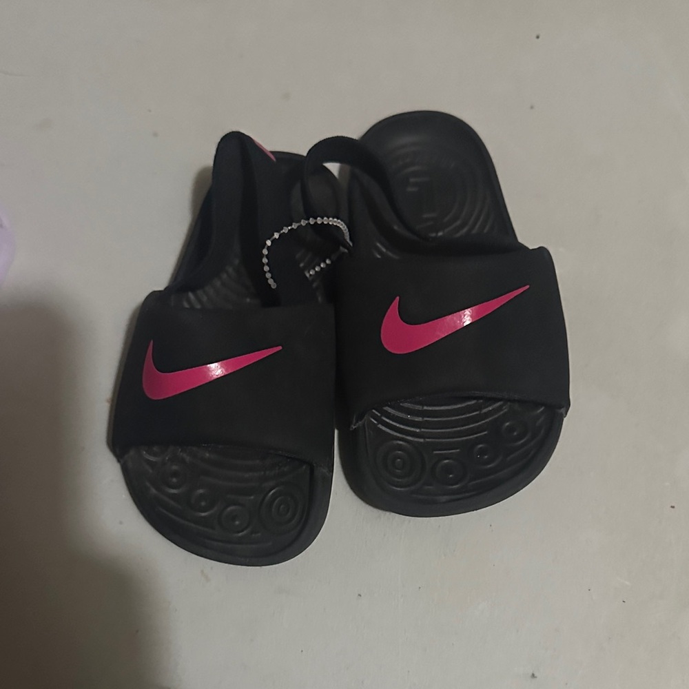 Nike Kids Black Slides with Pink Swoosh